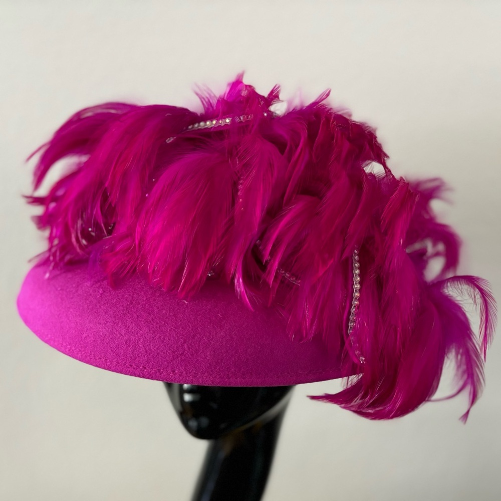 Brenda Waites Bolling Hot Pink Mushroom Hat with Feathers and Rhinestones